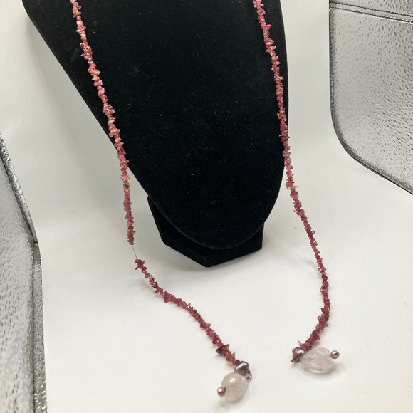 Rhodolite Garnet Chip Pink Dangles at Ends Silver-Tone Open Necklace! - Picture 4 of 6